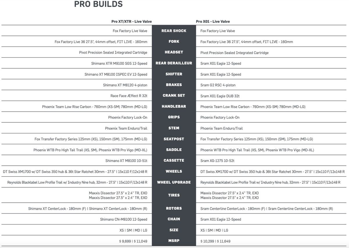 Pivots Shadowcat Pro Live Valve build specs