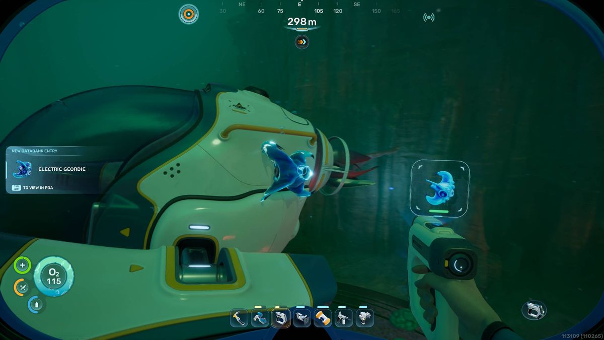 Subnautica 2 Biomods: A player looking at an Electric Geordie attached to a Tadpole.