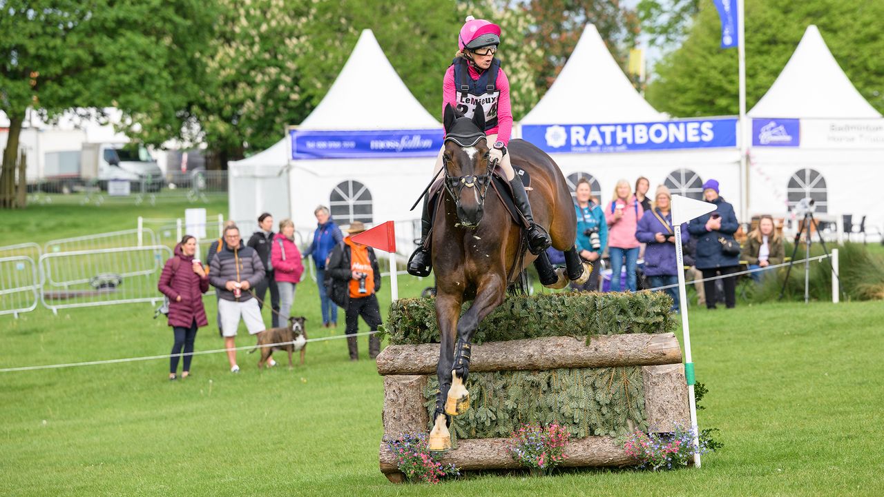 Philippa Hendry and Flyer Des Coupeaux jump a cross-country fence on the way to topping the Badminton grassroots championships 2026 in the BE100 class.
