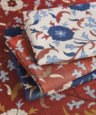 Decorative and folksy fabrics in red blue and white by Cabana for Schumacher