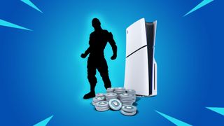 Sony PS5 Slim console alongside a mystery Fortnite character and in-game V-Bucks currency on a blue Fortnite-themed background.