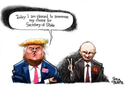 Political cartoon U.S. Donald Trump secretary of state pick