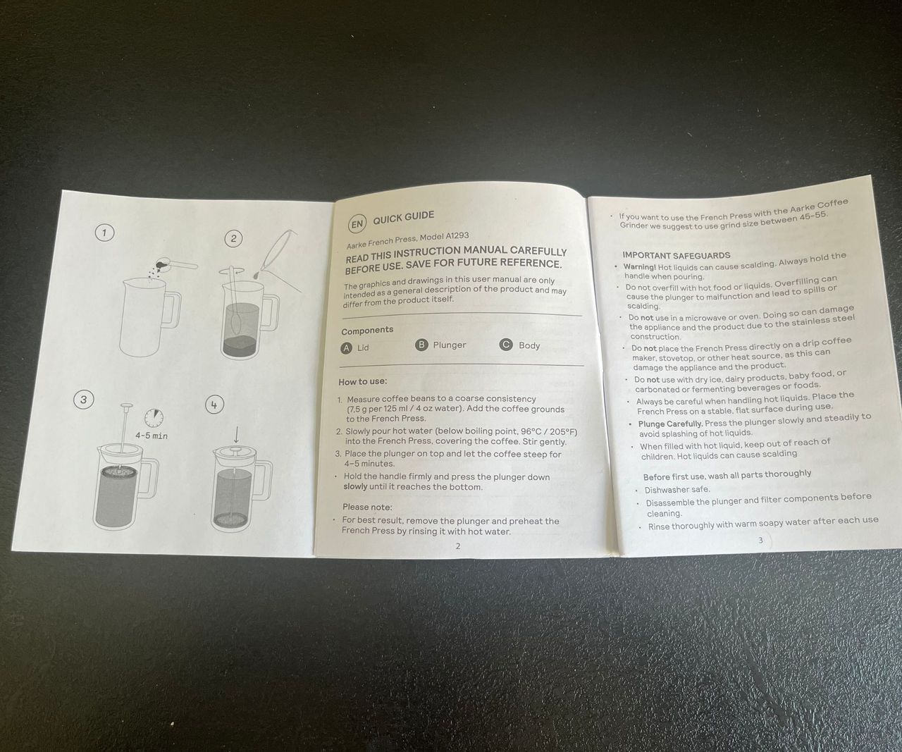 An open instruction manual for the aarke coffee press