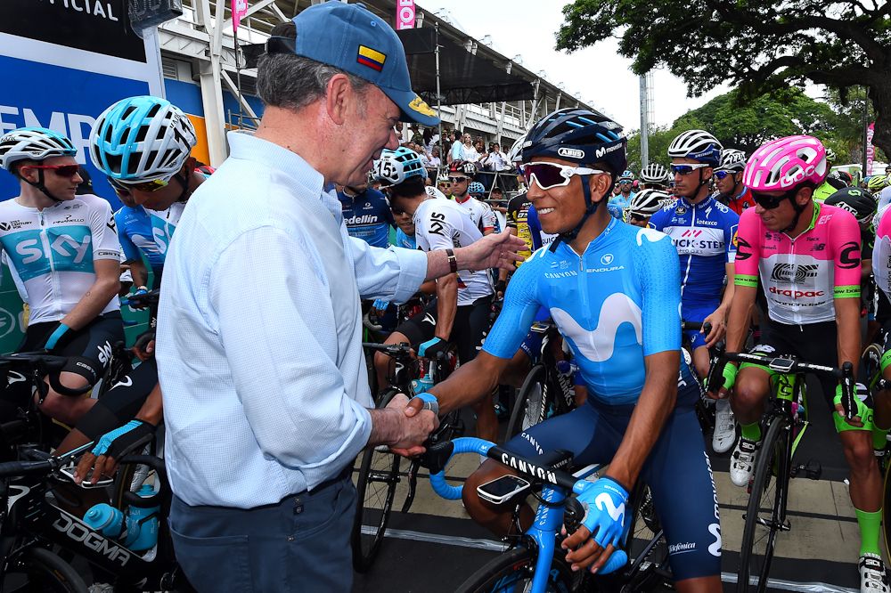 Nairo Quintana (Movistar) at the start with President of Republic of Colombia Juan Manuel Santos