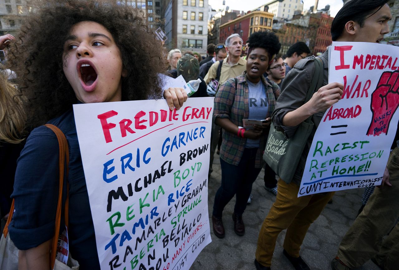 Protesters gather in New York.