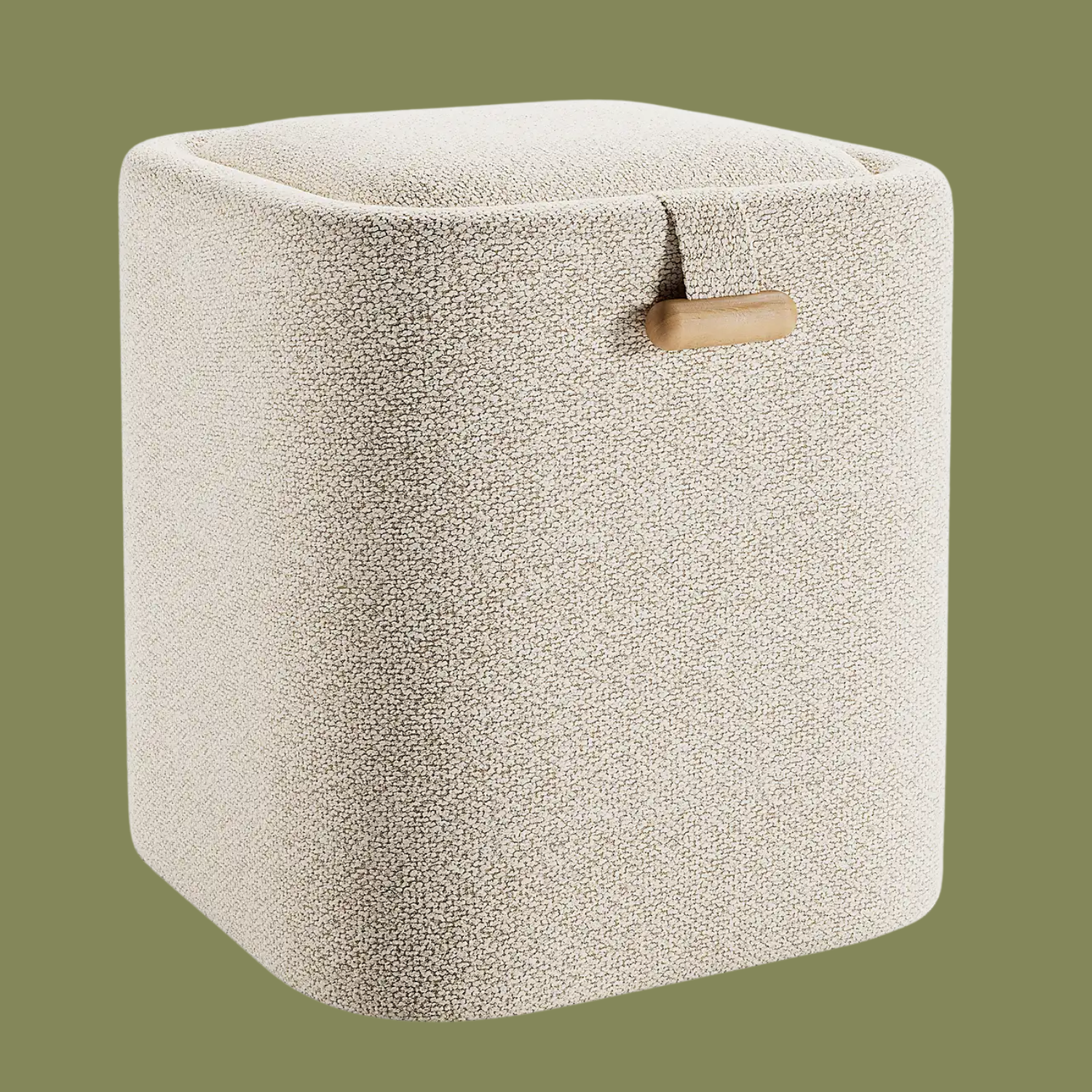 A boucle storage ottoman against a khaki green background