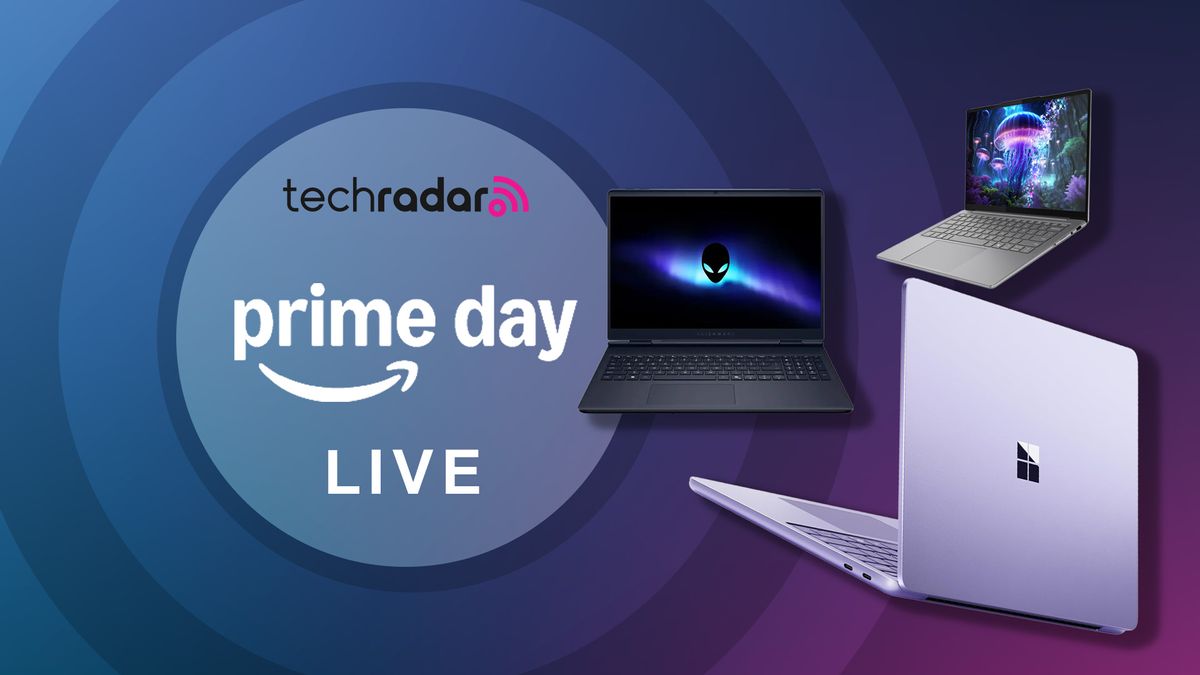A trio of laptops against a TechRadar Prime Day live logo