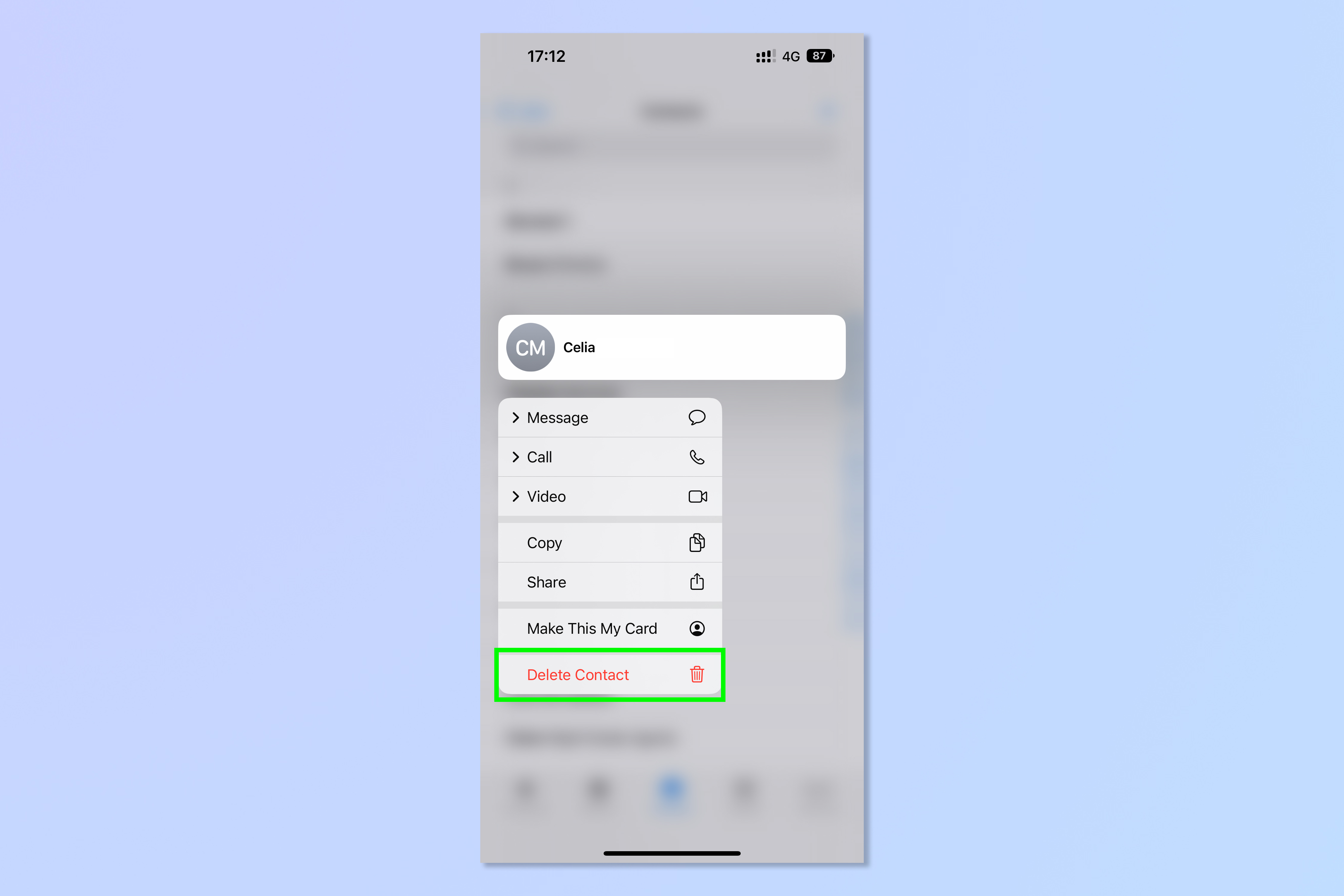 Скриншот, показывающий, как легко удалить контакт в iOS 16