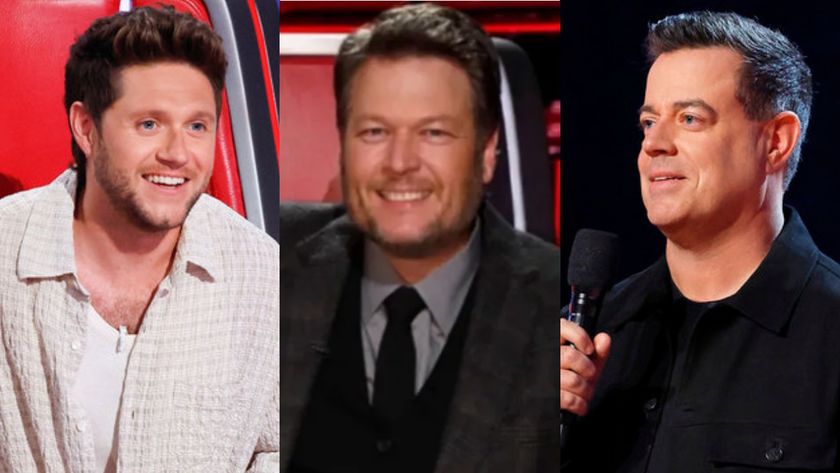 Niall Horan, Blake Shelton and Carson Daly are all shown on The Voice.