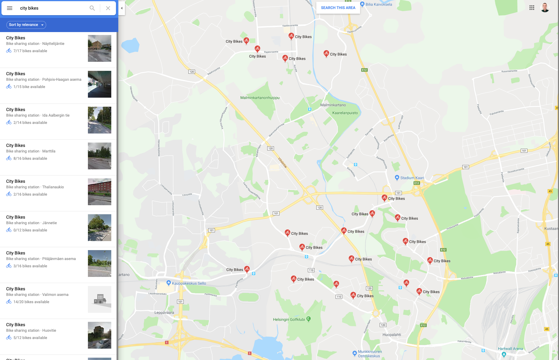 Vapaat kaupunkipyörät näkyvät selvästi Google Mapsissa