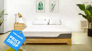 Valmori Hybrid Matress II on a bed frame with a Tom's Guide Price Drop label for mattress sales and deals