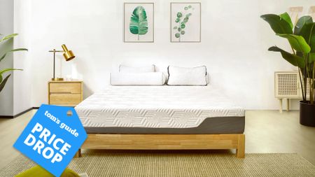 Valmori Hybrid Matress II on a bed frame with a Tom's Guide Price Drop label for mattress sales and deals