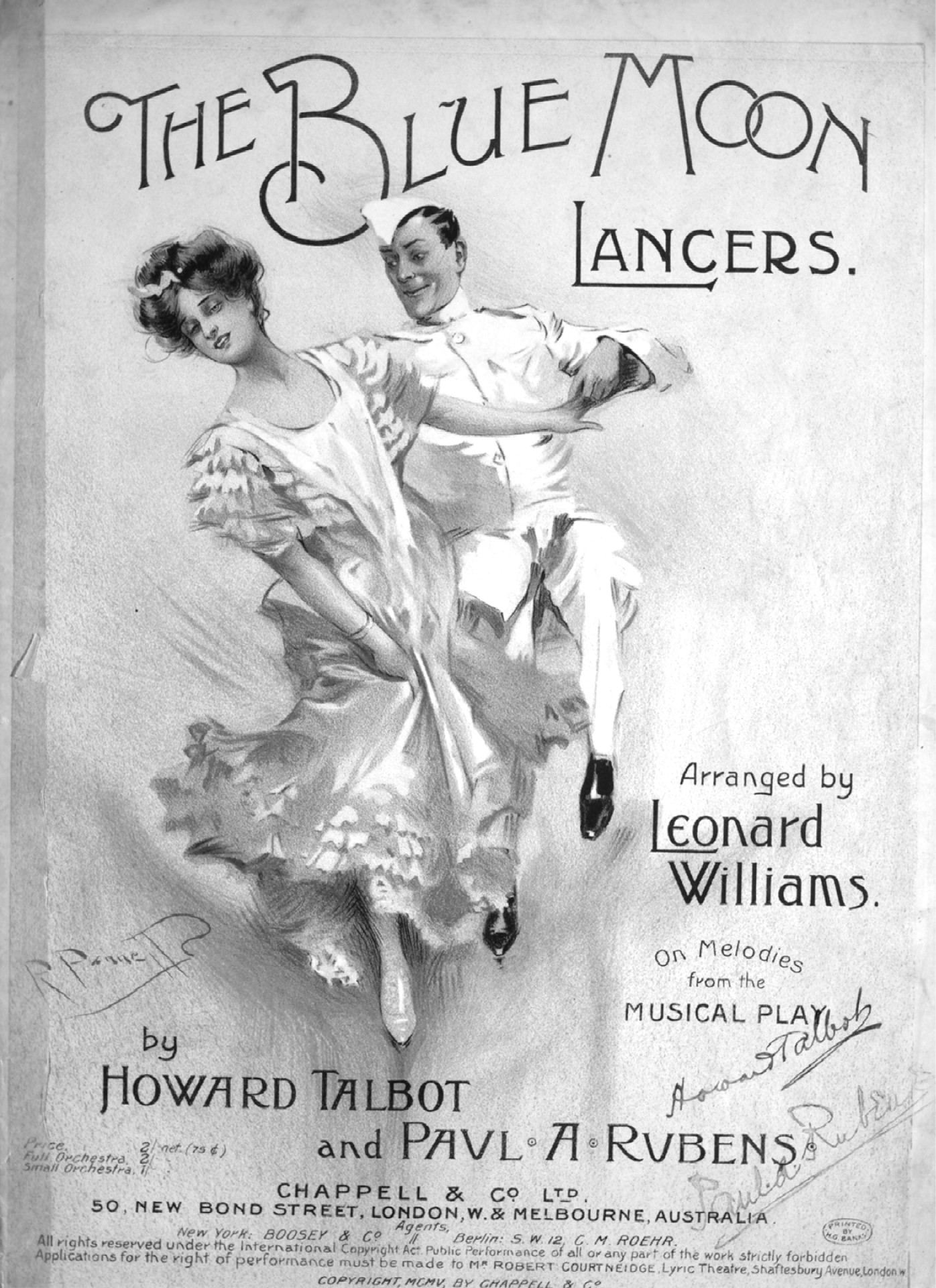 a hand-drawn vintage advetisement shows two people dancing under the words "the blue moon lancers"