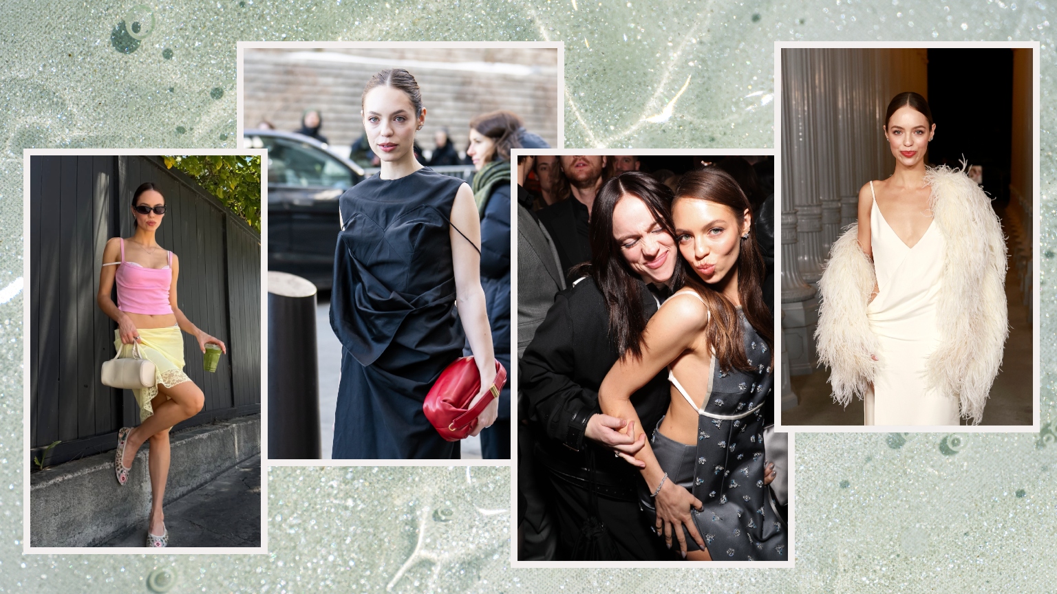 a mint watery background with four photos of a young white woman with brown hair and glowing skin in stylish outfits