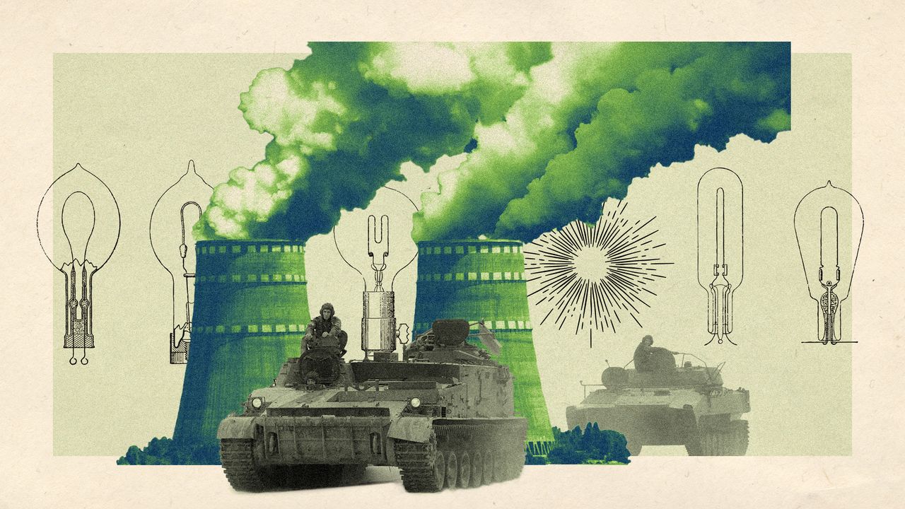 Photo collage of Russian tanks driving in front of the cooling towers of Zaporizhzhya nuclear power plant. In the background, there&#039;s line drawings of vintage light bulbs; one of them is exploding.