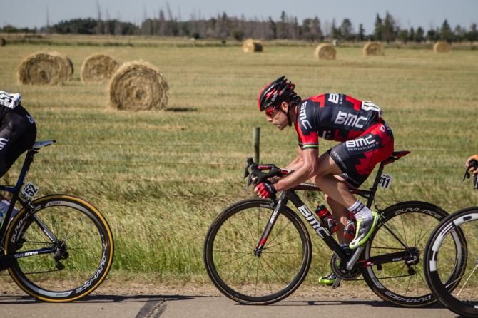 Cadel Evans (BMC) closing gaps to stay near the front of the race.
