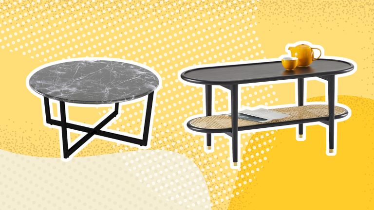 a collage of black coffee tables