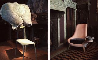Sculpture (left) by Nacho Carbonell and armchair (right) by Nigel Coates for Fornasetti, both at Museo Bagatti Valsecchi