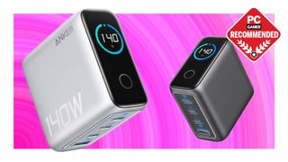 Two Anker laptop chargers on a pink background with the PC Gamer Recommended logo in the top right.