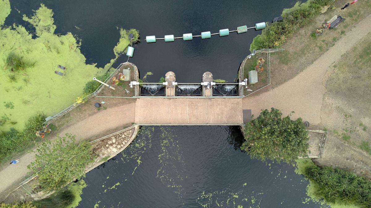 Photo of of a weir from above taken with a Bwine F7GIM drone