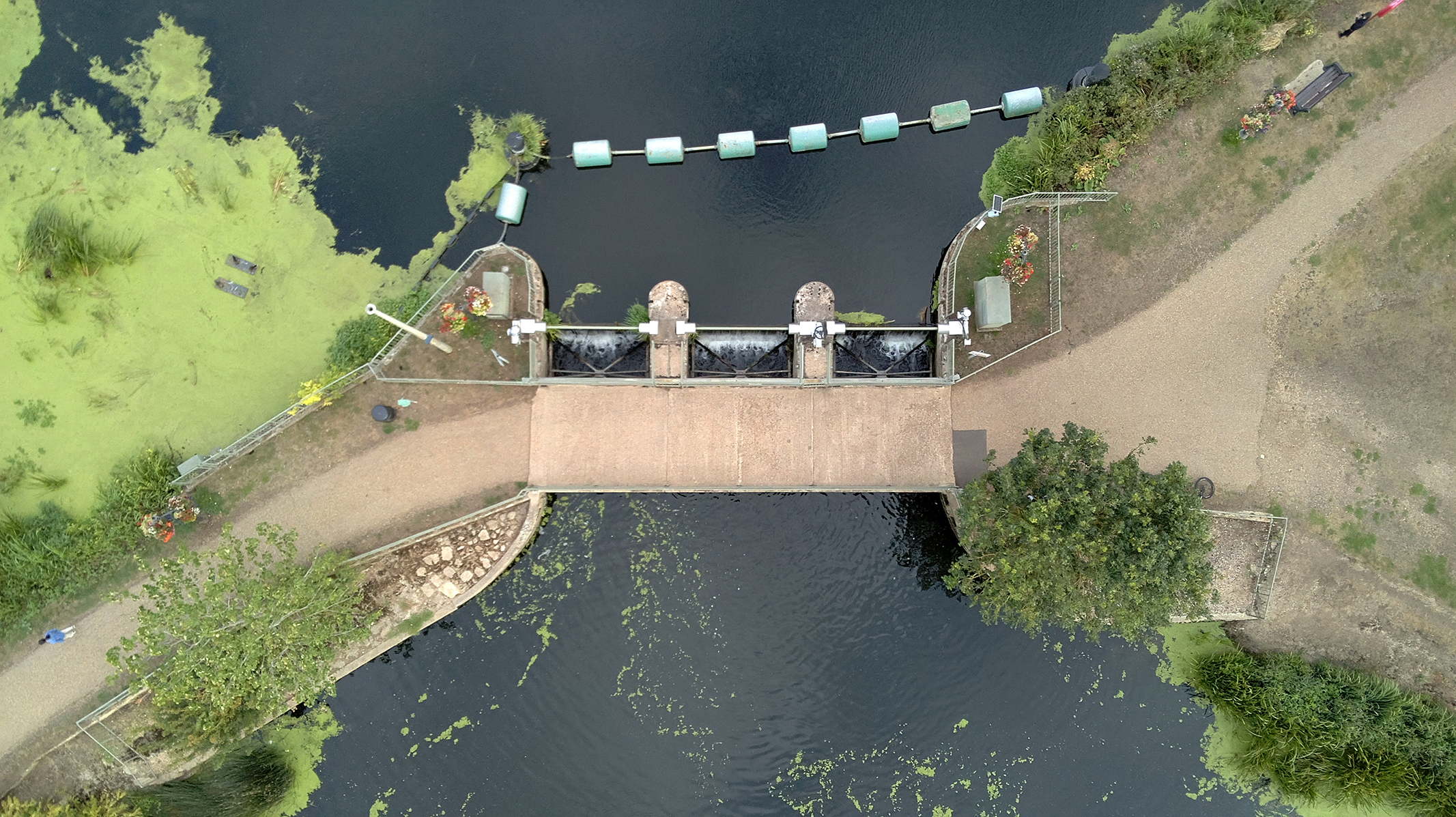 Photo of of a weir from above taken with a Bwine F7GIM drone