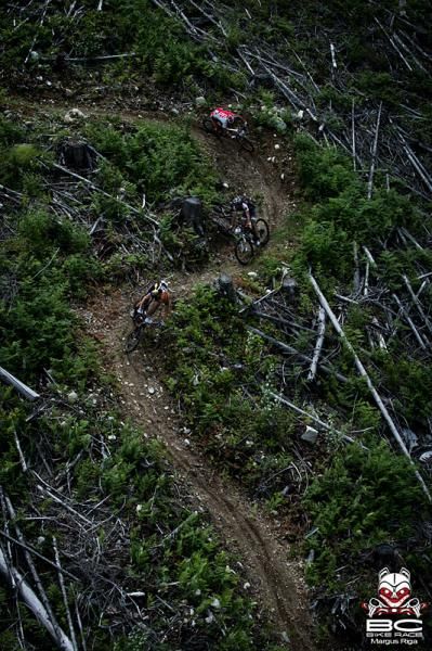 Barry Wicks (Kona), Chris Sheppard (Rocky Mountain) and Neil Kindree (Specialized/ EMD Perono) on the forest cut trails.