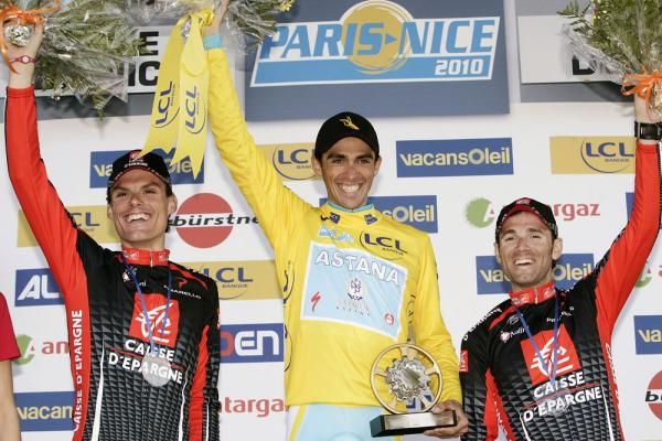 Alberto Contador (Astana) is flanked by Caisse d'Epargne's Luis Leon Sanchez and Alejandro Valverde on the Paris-Nice podium