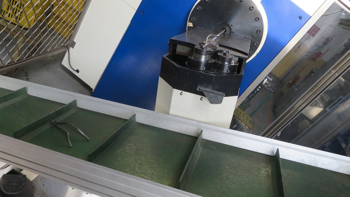 This computer controlled, cutter come press bends, shapes and checks in one continuos process