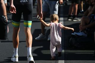 PROSPECT AUSTRALIA JANUARY 21 Detailed view of Damien Howson of Australia and ARA Australian Cycling Team with his daughter prior to the 25th Santos Tour Down Under 2025 Stage 1 a 1507km stage from Prospect to Gumeracha 342m UCIWT on January 21 2025 in Prospect Australia Photo by Dario BelingheriGetty Images