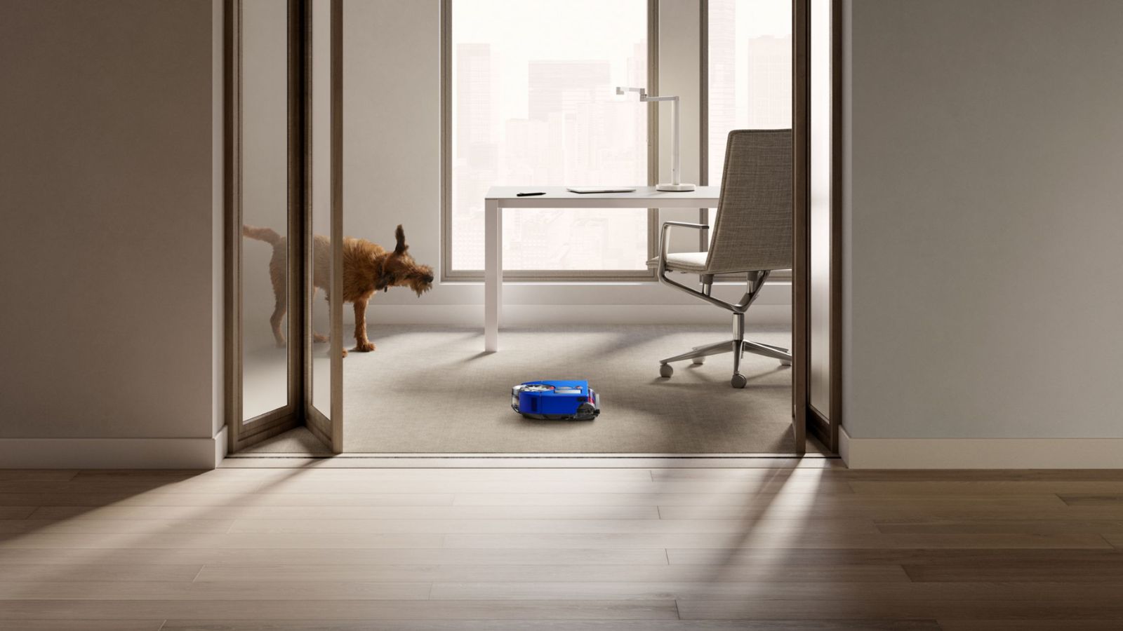 A blue Dyson Vis Nav Robot Vacuum shown in a modern home office space behind open glass doors with a minimalist white table and office chair, and a brown dog. In the background are two large windows, and the floor is a cream carpet. In the foreground, in front of the office space the flooring is light wood.