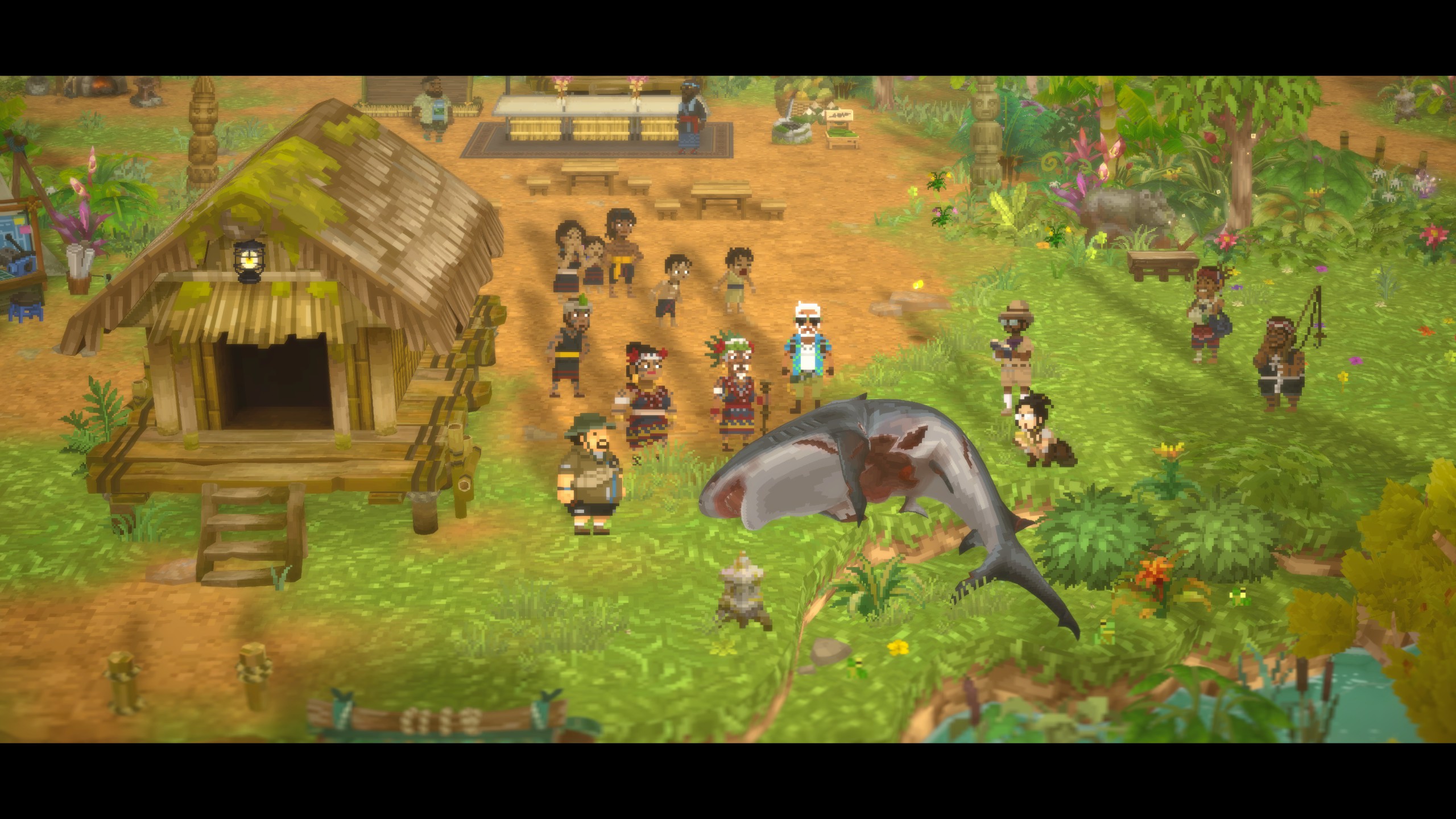 Villagers gather around a large dead shark