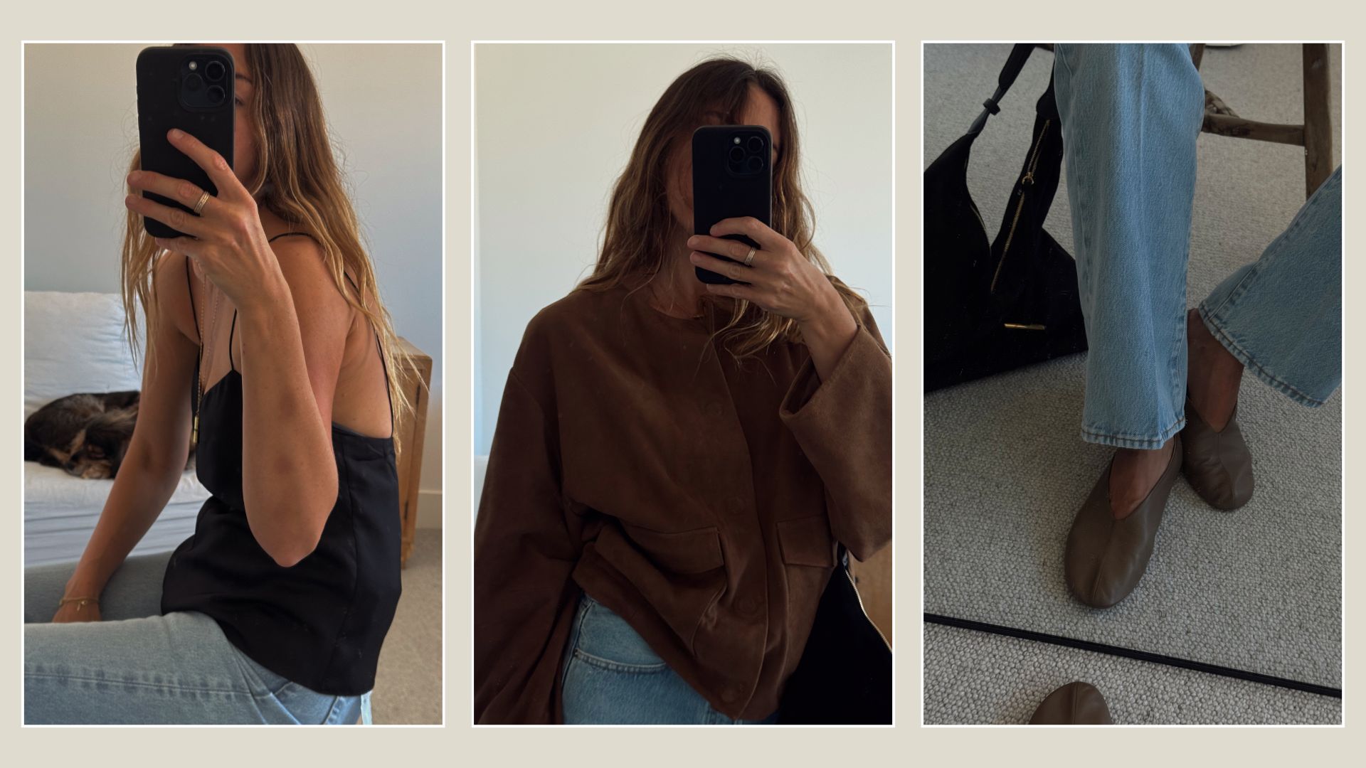 woman wears black top and jeans; woman wears brown suede jacket and jeans; woman wears green leather ballet flats