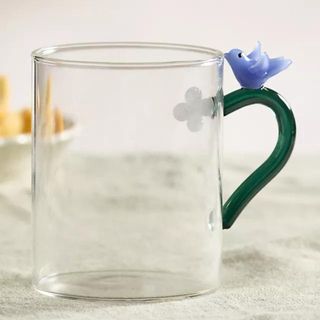 anthropologie glass mug with glassbown bird on handle
