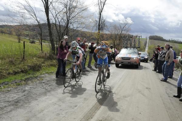 Floyd Landis (Bahati Foundation) and Caleb Fairly (Holowesko Partners) maintain a 45 second lead on Meetinghouse Road