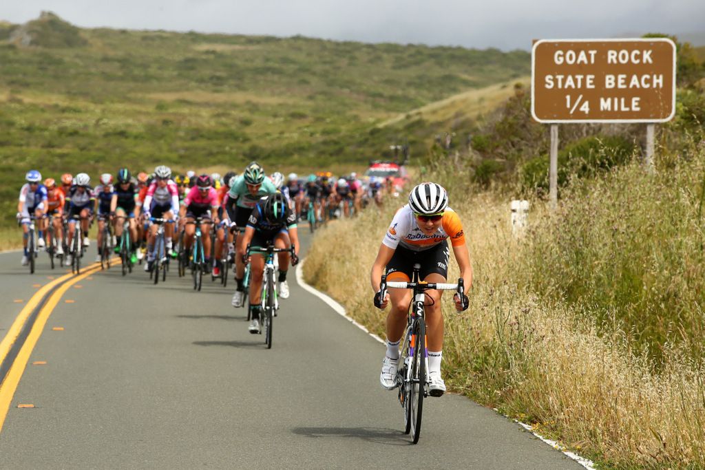 A Rabo Liv rider attacks outside of Goat Rock State Beach