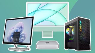 A product shot of various computers to resemble the best video editing computer on a pale green background