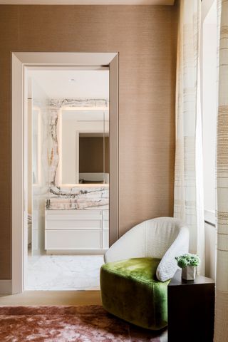 a bedroom with a bevelled door trim