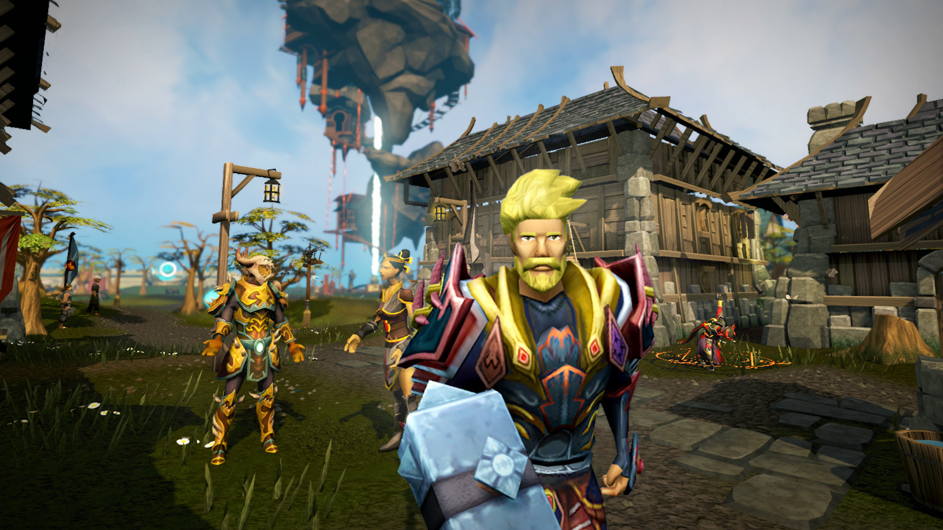 Several players standing in a village square in RuneScape