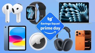 apple products on blue background with prime day sticker