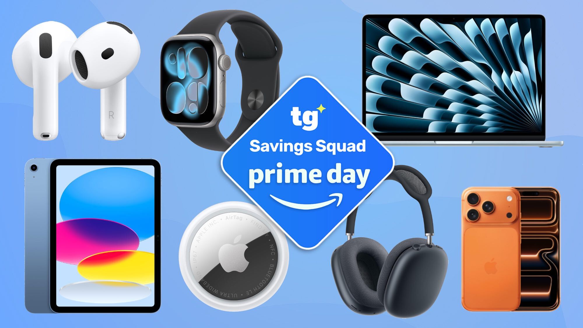 apple products on blue background with prime day sticker