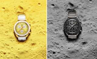 Two watches side by side with yellow and gray brackgrounds.