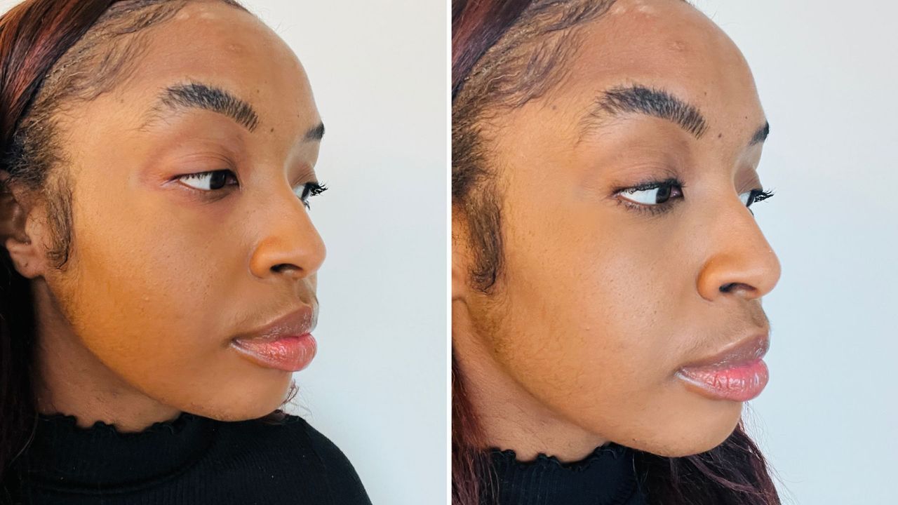 A before and after comparison of a person without the L'oreal Voluminous Noir Balm mascara on the left and the same person wearing the mascara on the right, for L'oreal Voluminous Noir Balm Mascara review.