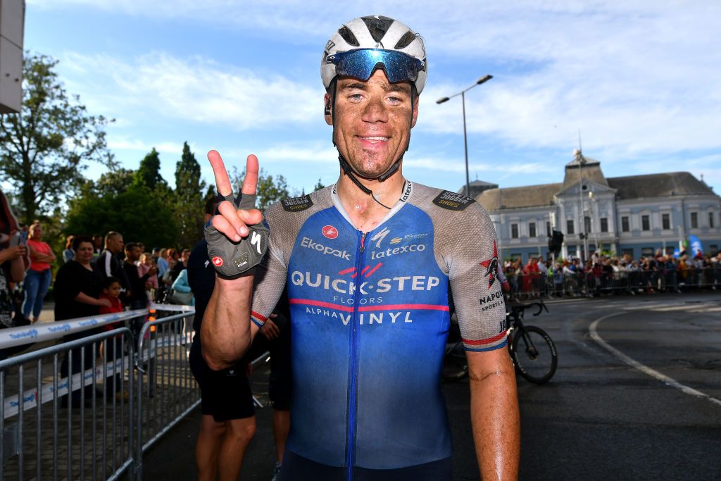 NYIREGYHAZA HUNGARY MAY 13 Fabio Jakobsen of Netherlands and Team QuickStep Alpha Vinyl celebrates winning during the 43rd Tour de Hongrie 2022 Stage 3 a 154km stage from Sarospatak to Nyiregyhaza tourdehongrie on May 13 2022 in Nyiregyhaza Hungary Photo by Dario BelingheriGetty Images