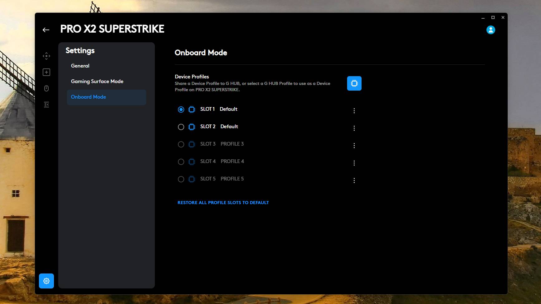 A screenshot of Logitech G Hub software, showing the onboard profile slots for the Superstrike gaming mouse.