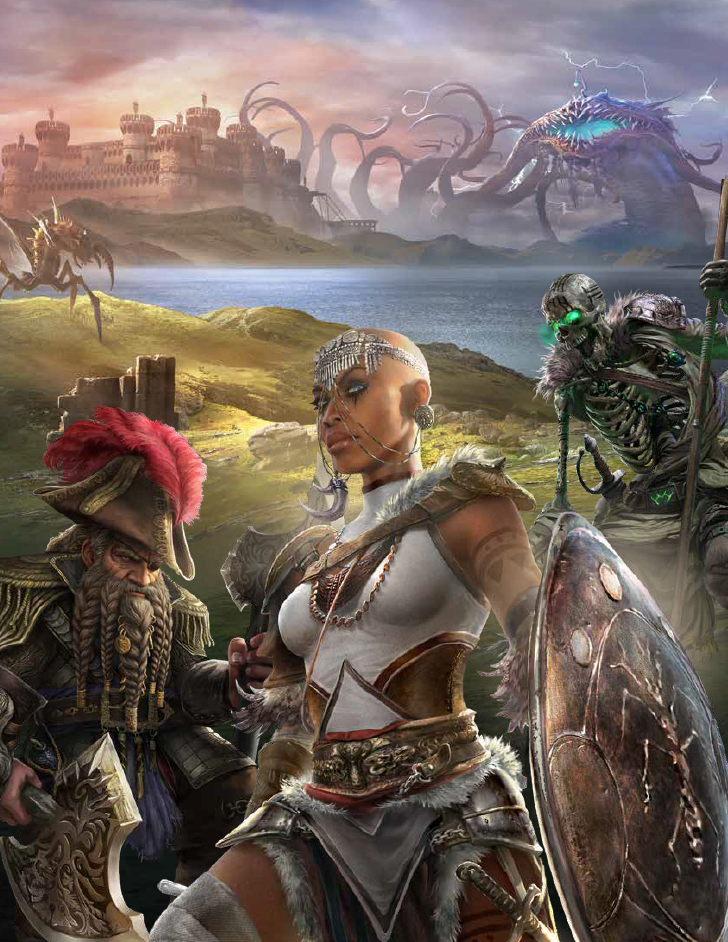 Three of the playable heroes of the Divinity: Original Sin board game.