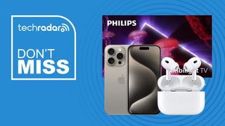 Philips OLED 807 TV, Apple AirPods Pro and iPhone 15 Pro on a blue background with TechRadar logo and "Don't Miss" text