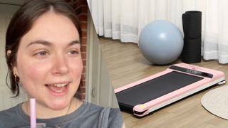 Hope Zuckerbrown on TikTok for Cozy Cardio video next to Soozier treadmill 