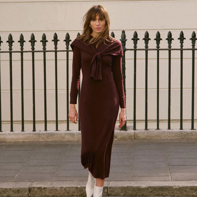 Mint Velvet , Burgundy Scarf Detail Knit Midi Dress