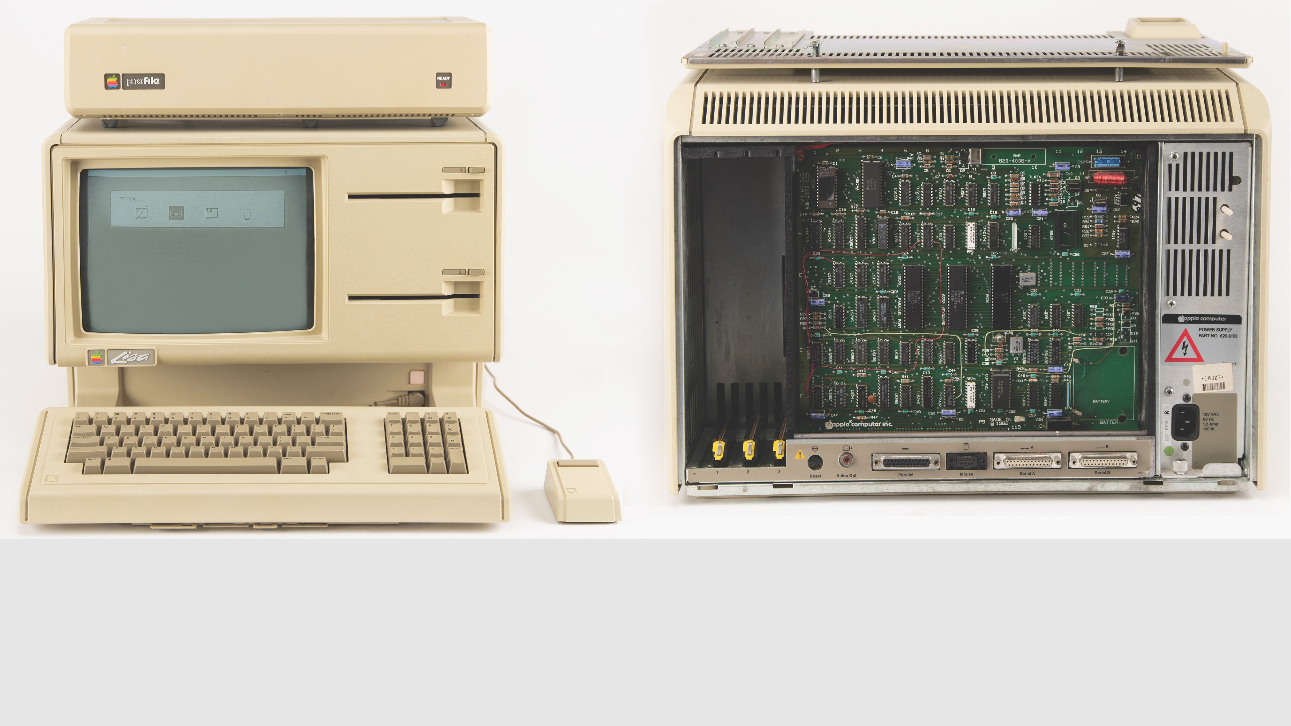 The 1983 Apple Lisa (left) and inside the case (right)