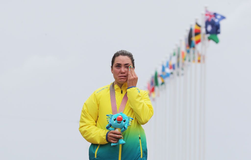 The emotion gets to Chloe Hosking on the podium